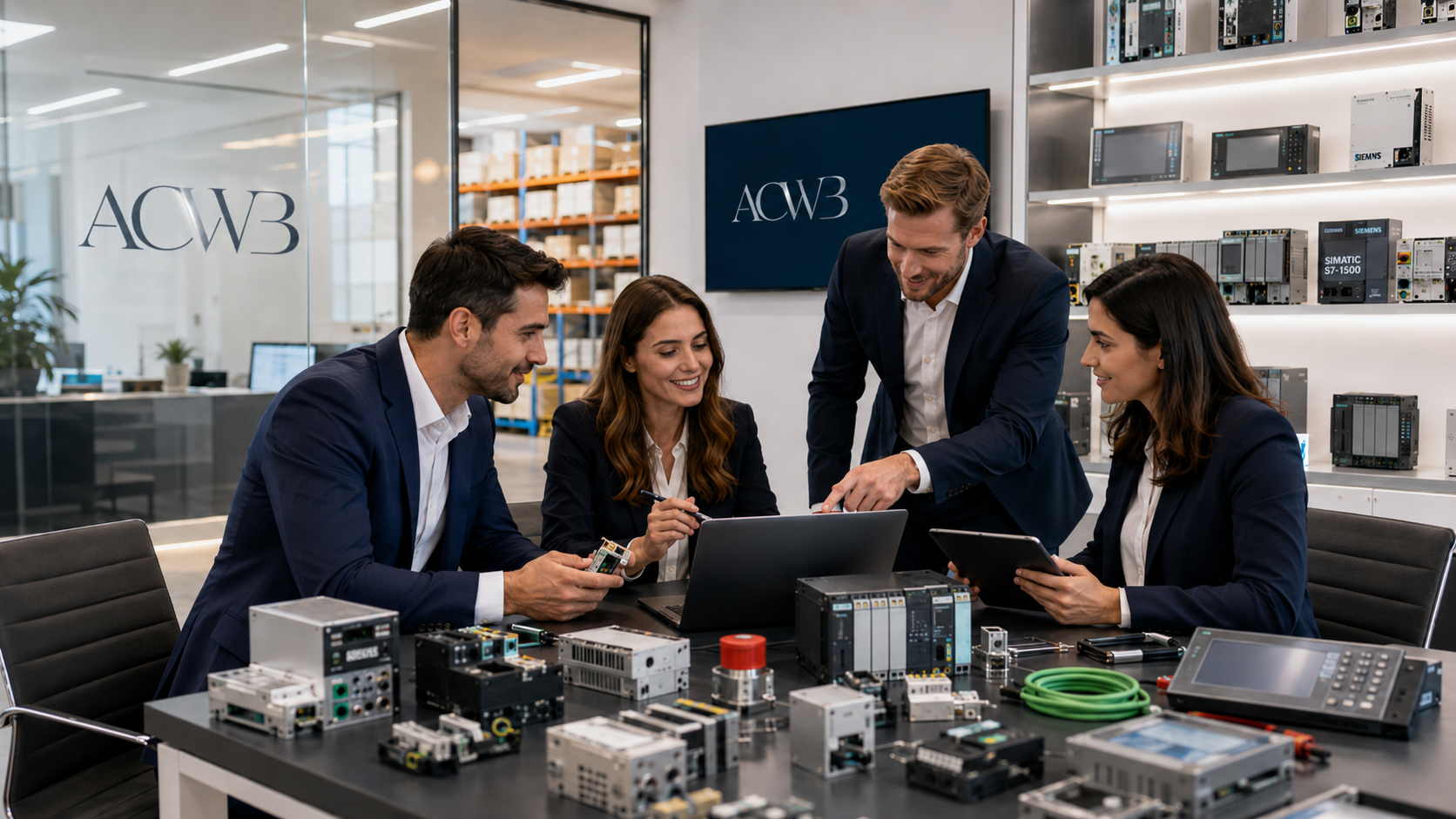 About ACWB ACWB team reviewing PLCs, HMIs, drives and industrial automation components in a modern sourcing office