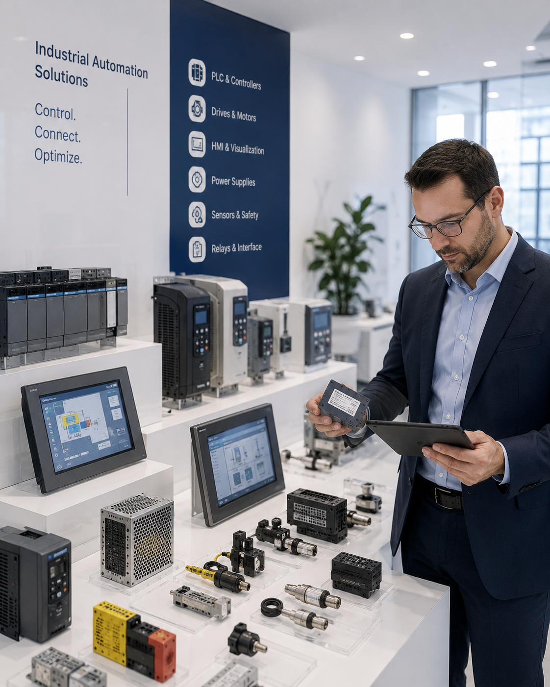 About ACWB Industrial automation components including PLCs, HMIs, drives, power supplies, sensors and relays displayed in a corporate showroom with a professional reviewing part numbers.