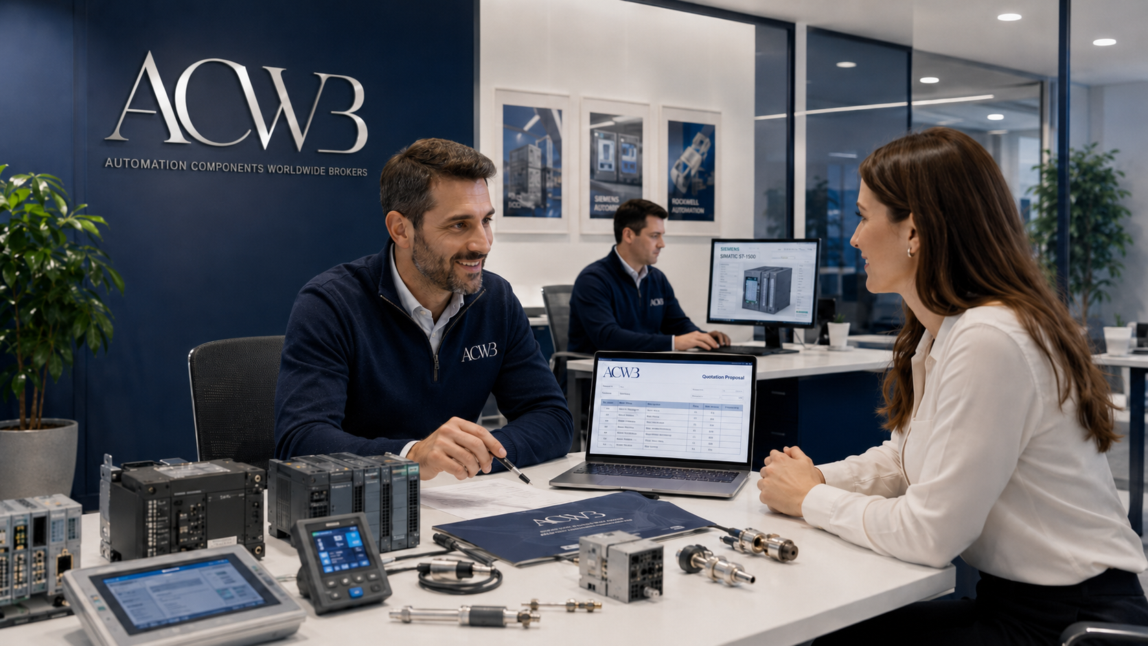 ACWB team reviewing an industrial automation quotation with PLCs, HMIs, sensors and control components in a modern office.